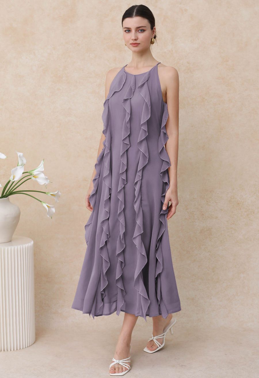 Whispering Cascade Ruffle Chiffon Maxi Dress in Purple