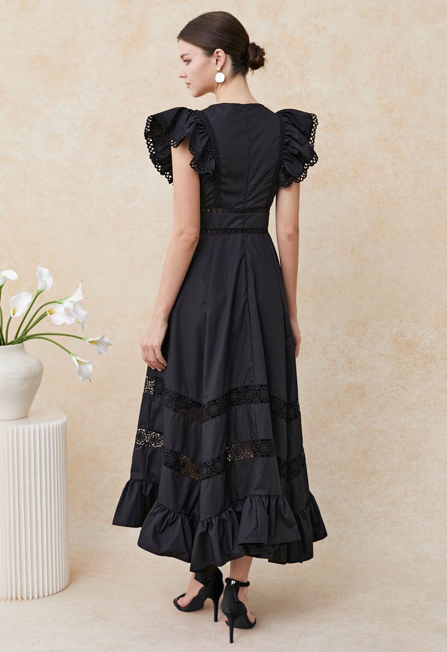 Flattering Lace Inserted Asymmetric Maxi Dress in Black