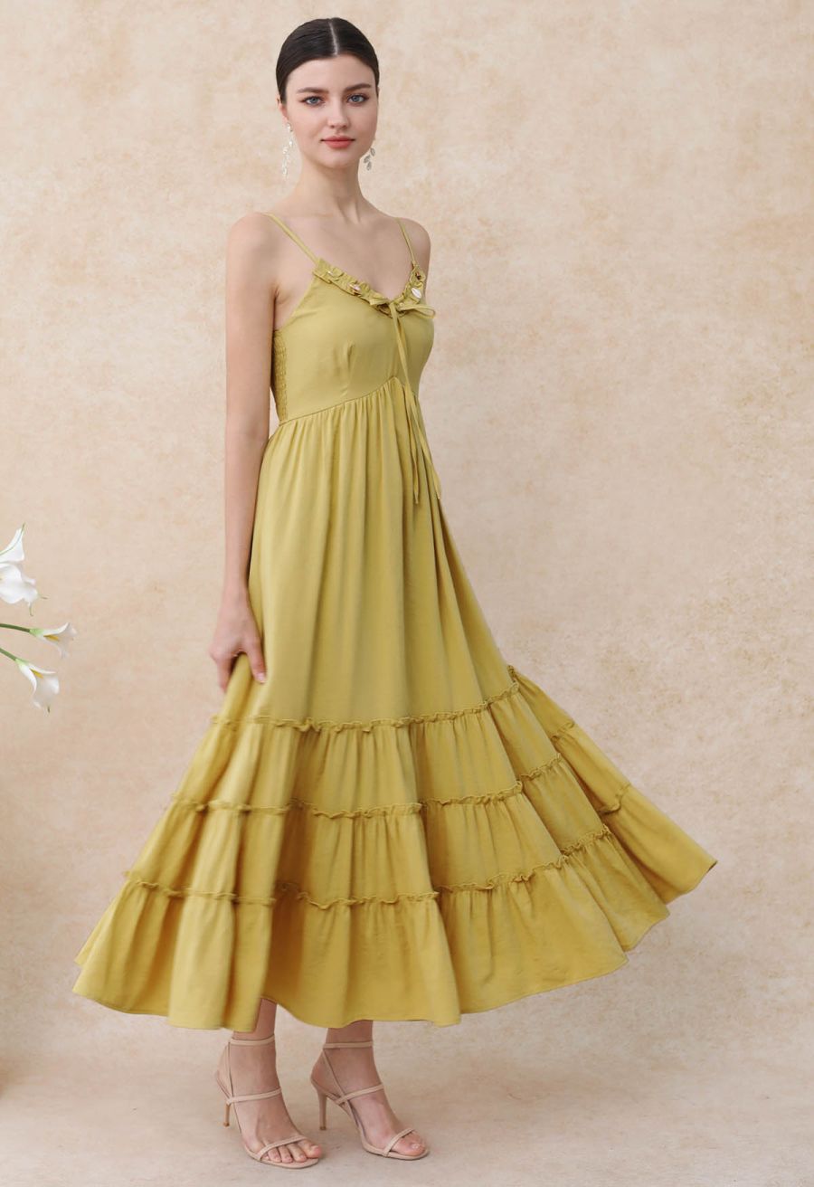 Shell Accent Ruffle Detail Cami Dress in Mustard