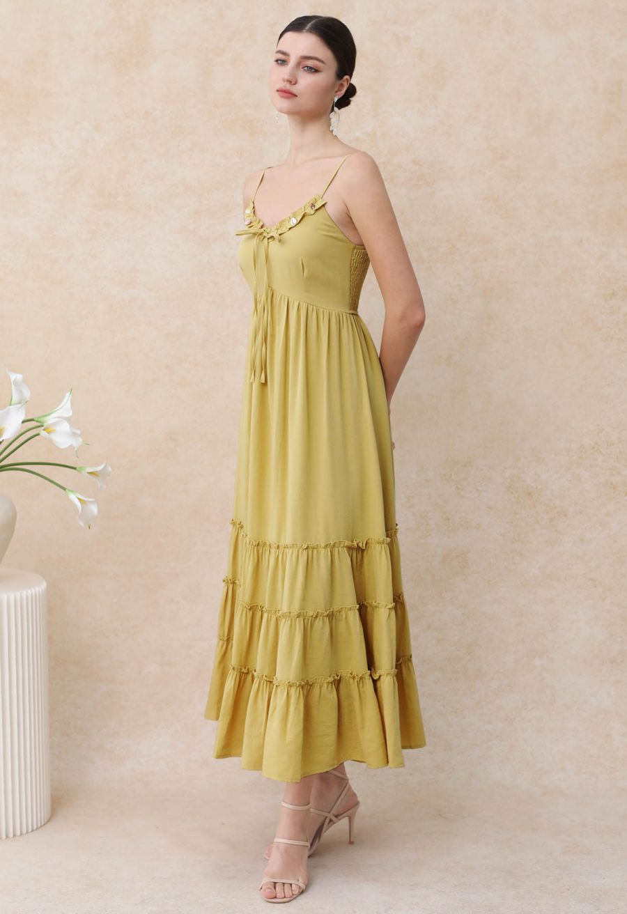 Shell Accent Ruffle Detail Cami Dress in Mustard