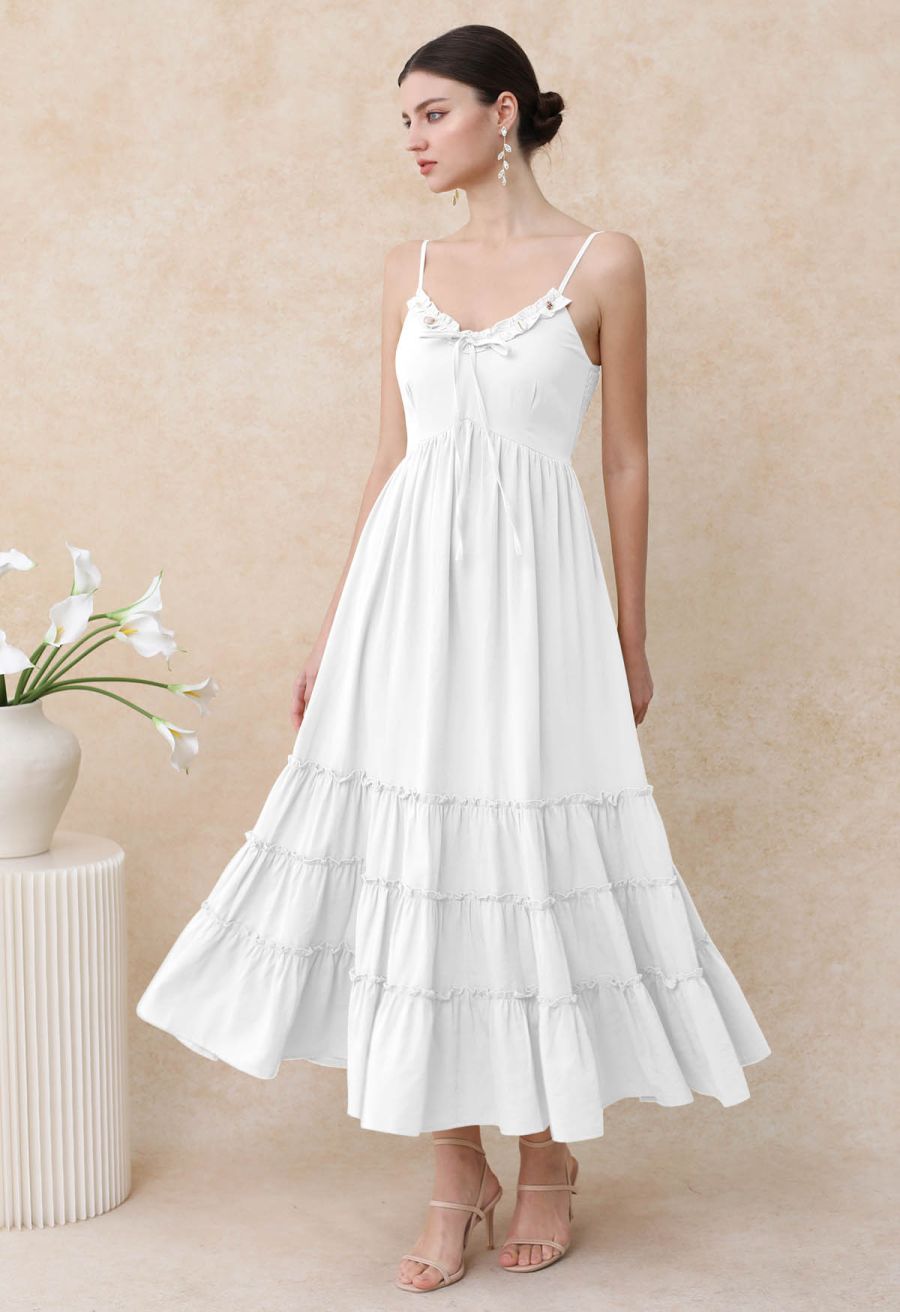 Shell Accent Ruffle Detail Cami Dress in White