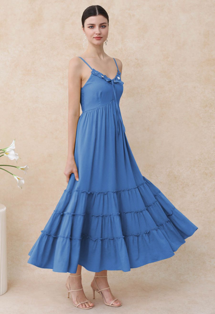 Shell Accent Ruffle Detail Cami Dress in Blue