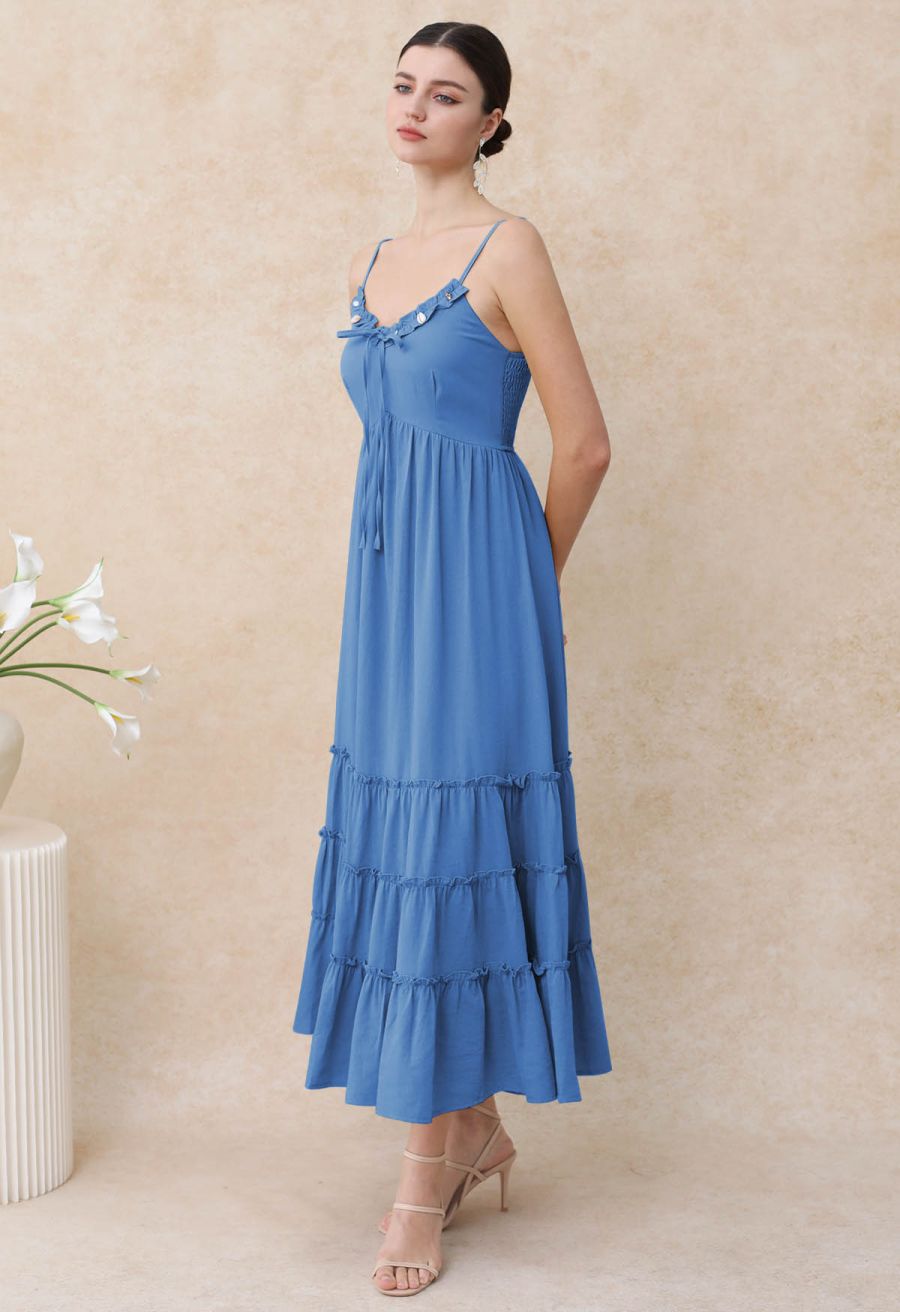 Shell Accent Ruffle Detail Cami Dress in Blue