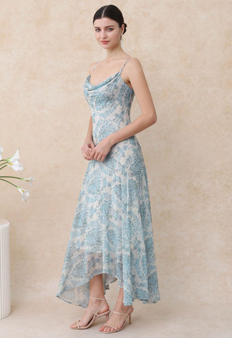 Blue Damask Drape Neck Asymmetric Chiffon Dress