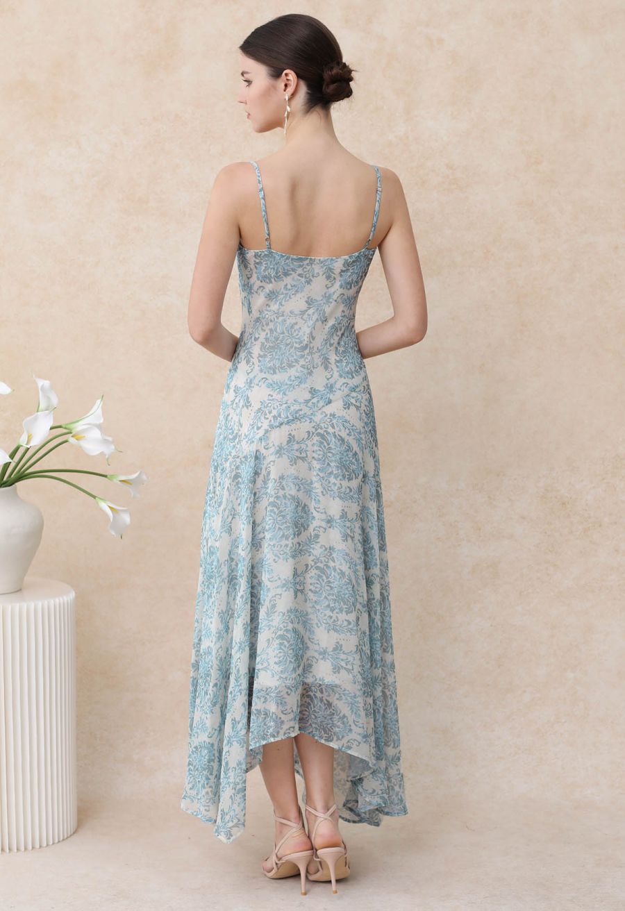 Blue Damask Drape Neck Asymmetric Chiffon Dress