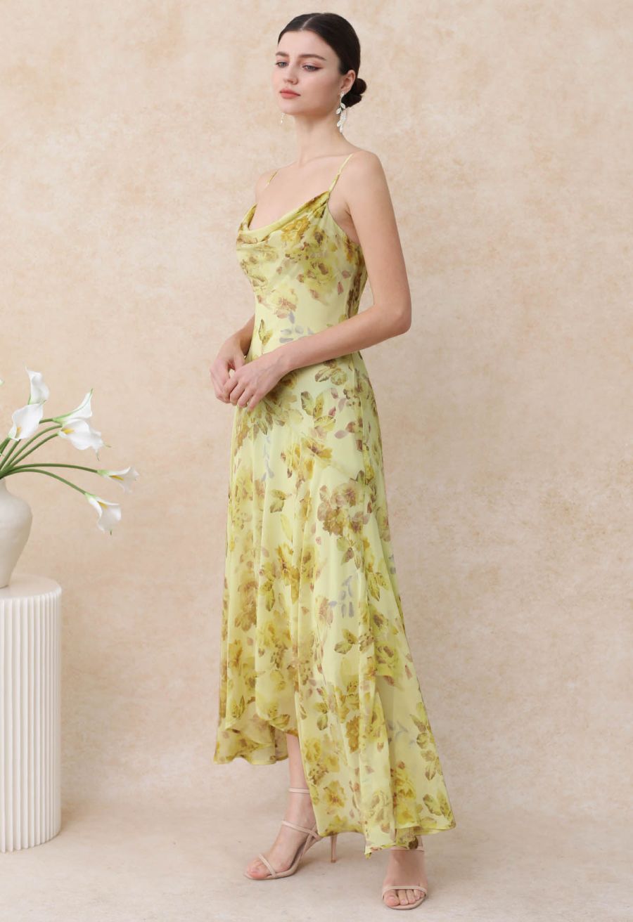 Yellow Floral Drape Neck Asymmetric Chiffon Dress