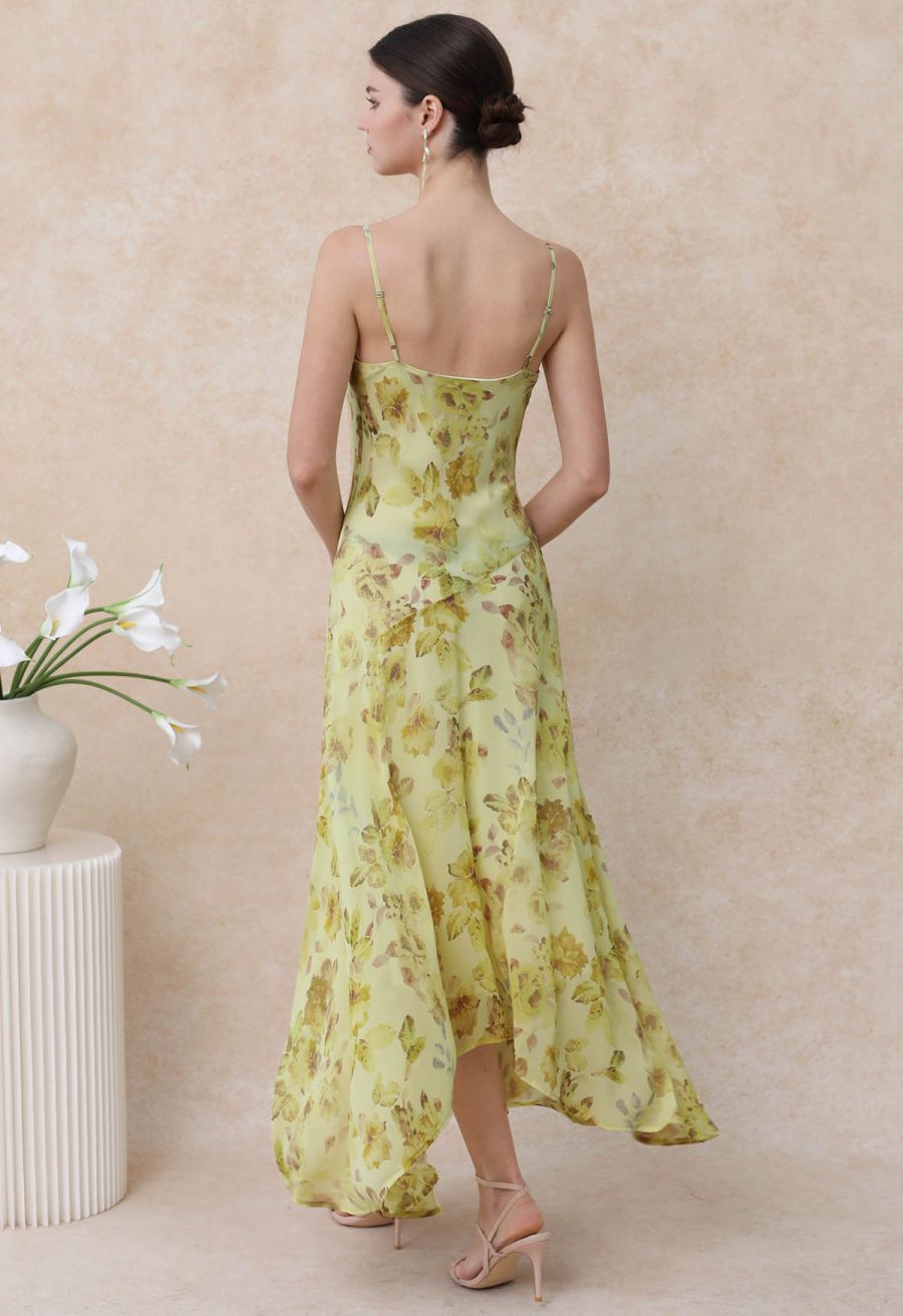 Yellow Floral Drape Neck Asymmetric Chiffon Dress