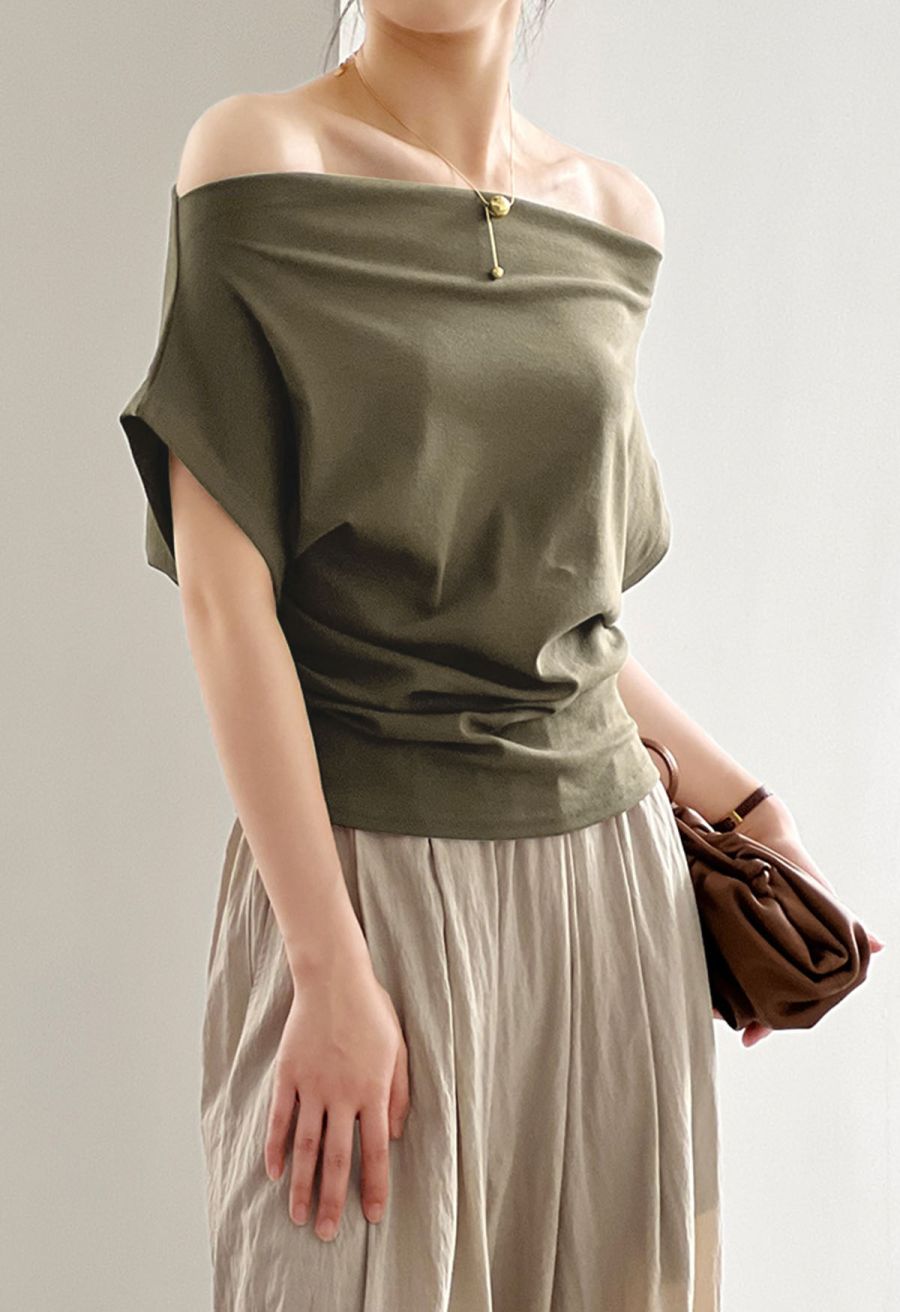 Off-Shoulder Batwing Sleeve Pleated Top in Olive