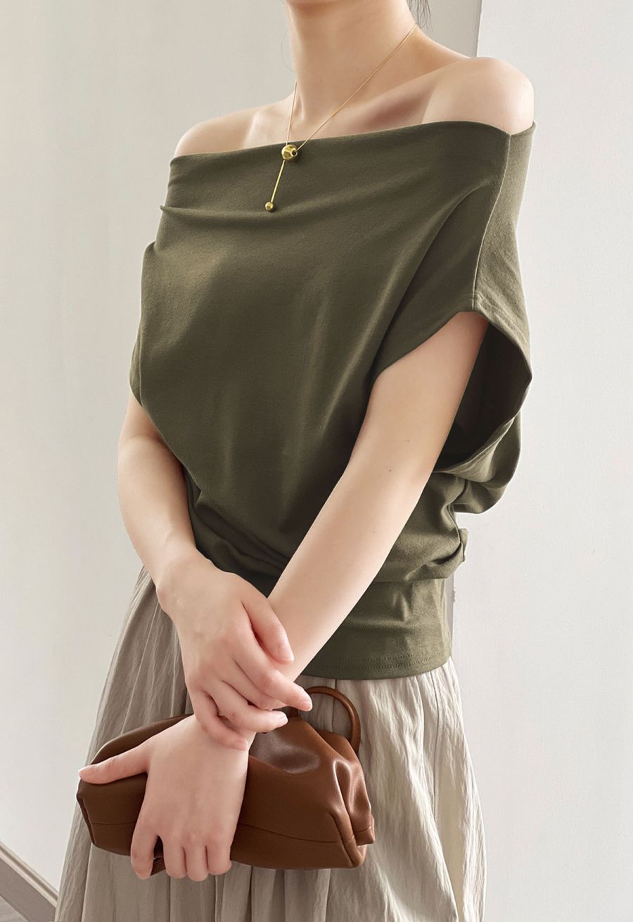 Off-Shoulder Batwing Sleeve Pleated Top in Olive