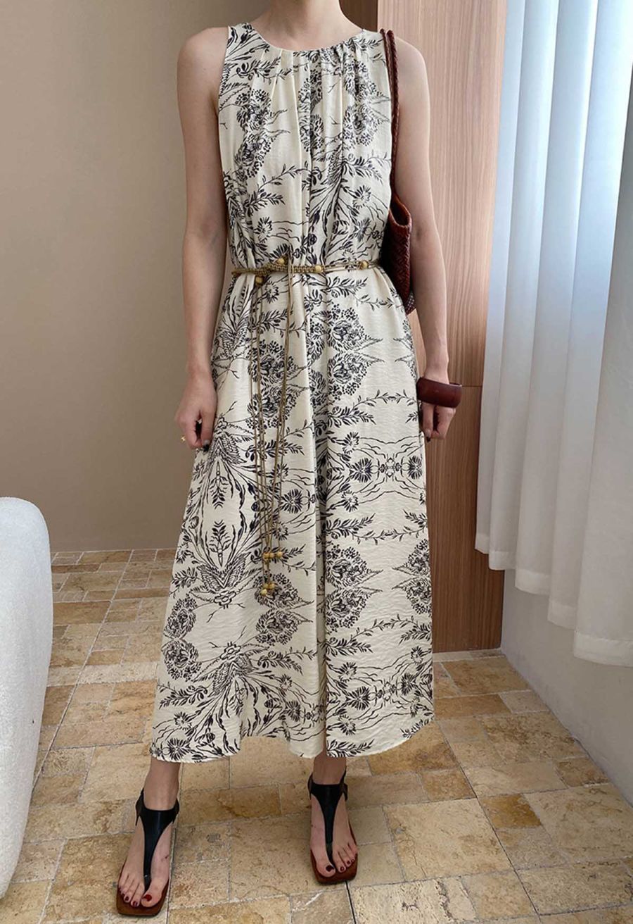Inky Floral Printed Cutout Back Belted Dress
