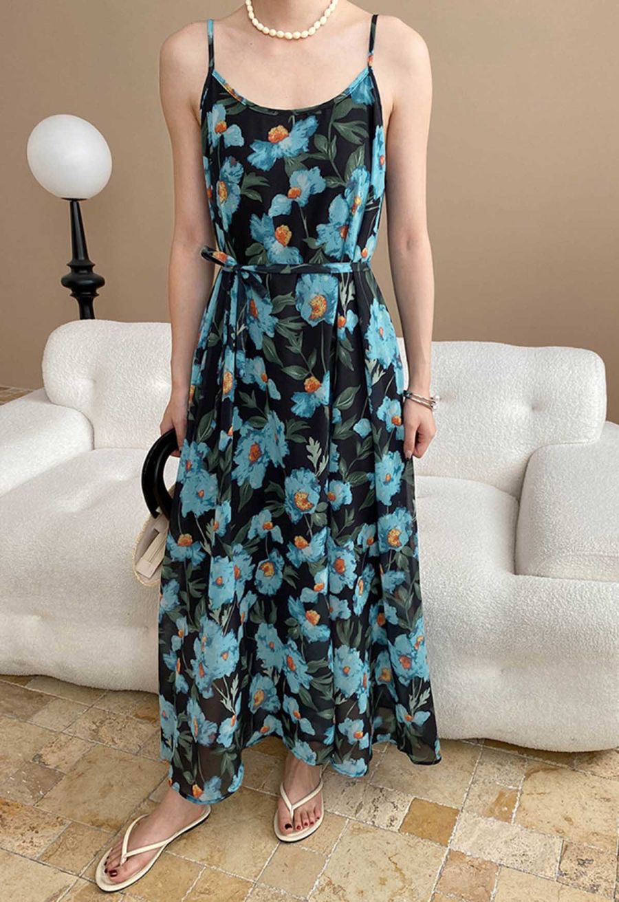Painting Floral Side Pocket Chiffon Cami Dress