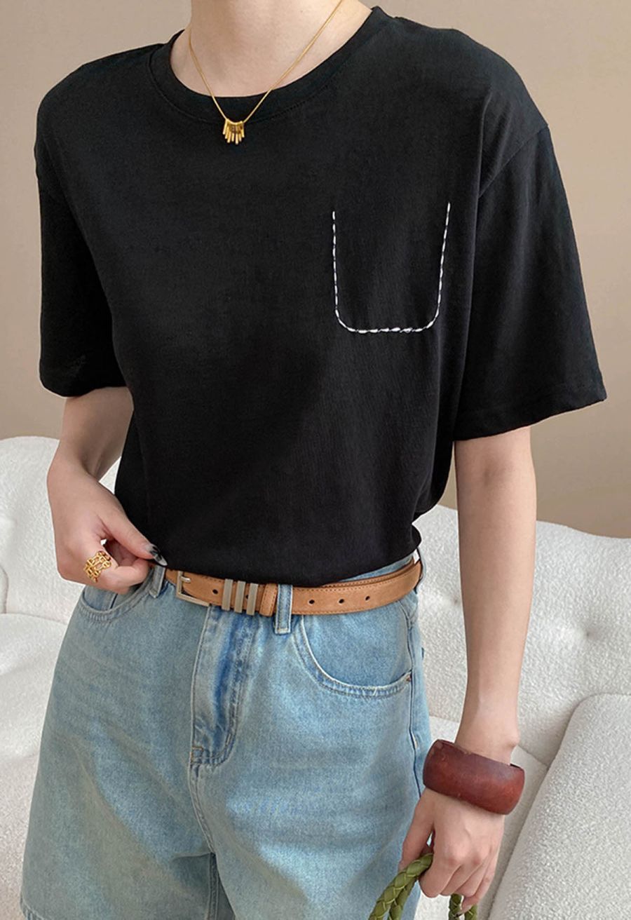 Fake Embroidered Pocket Crew Neck T-Shirt in Black