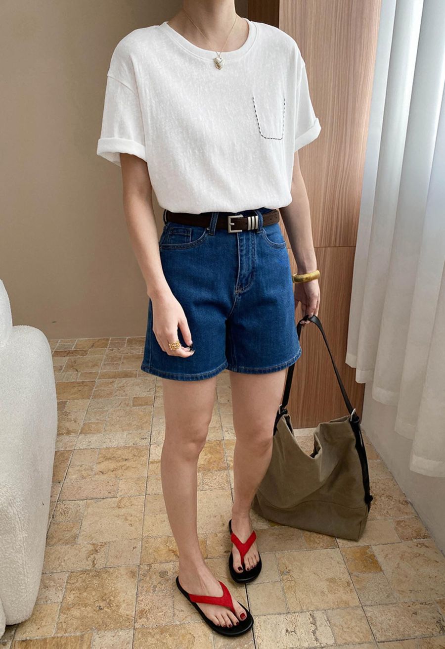 Fake Embroidered Pocket Crew Neck T-Shirt in Ivory