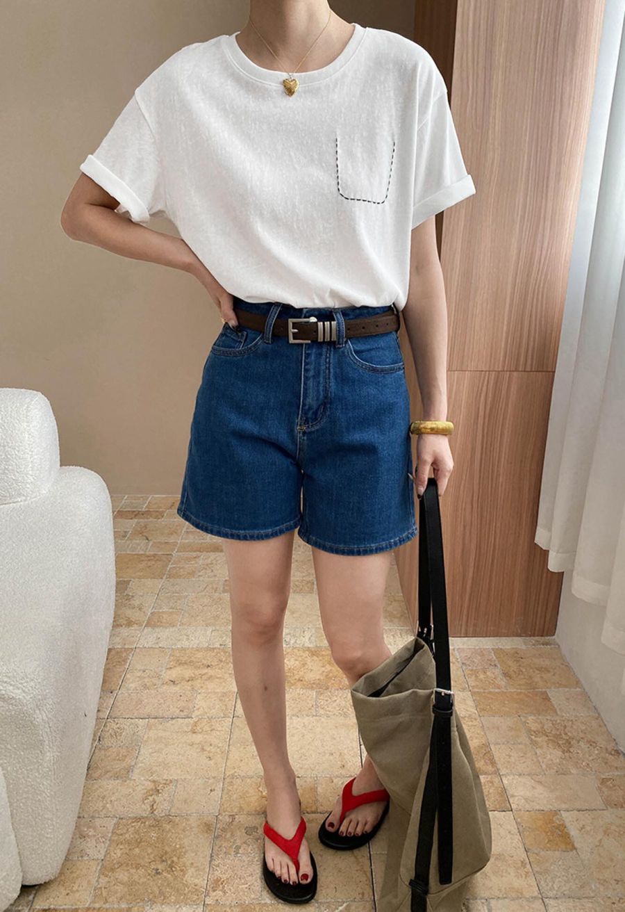 Fake Embroidered Pocket Crew Neck T-Shirt in Ivory