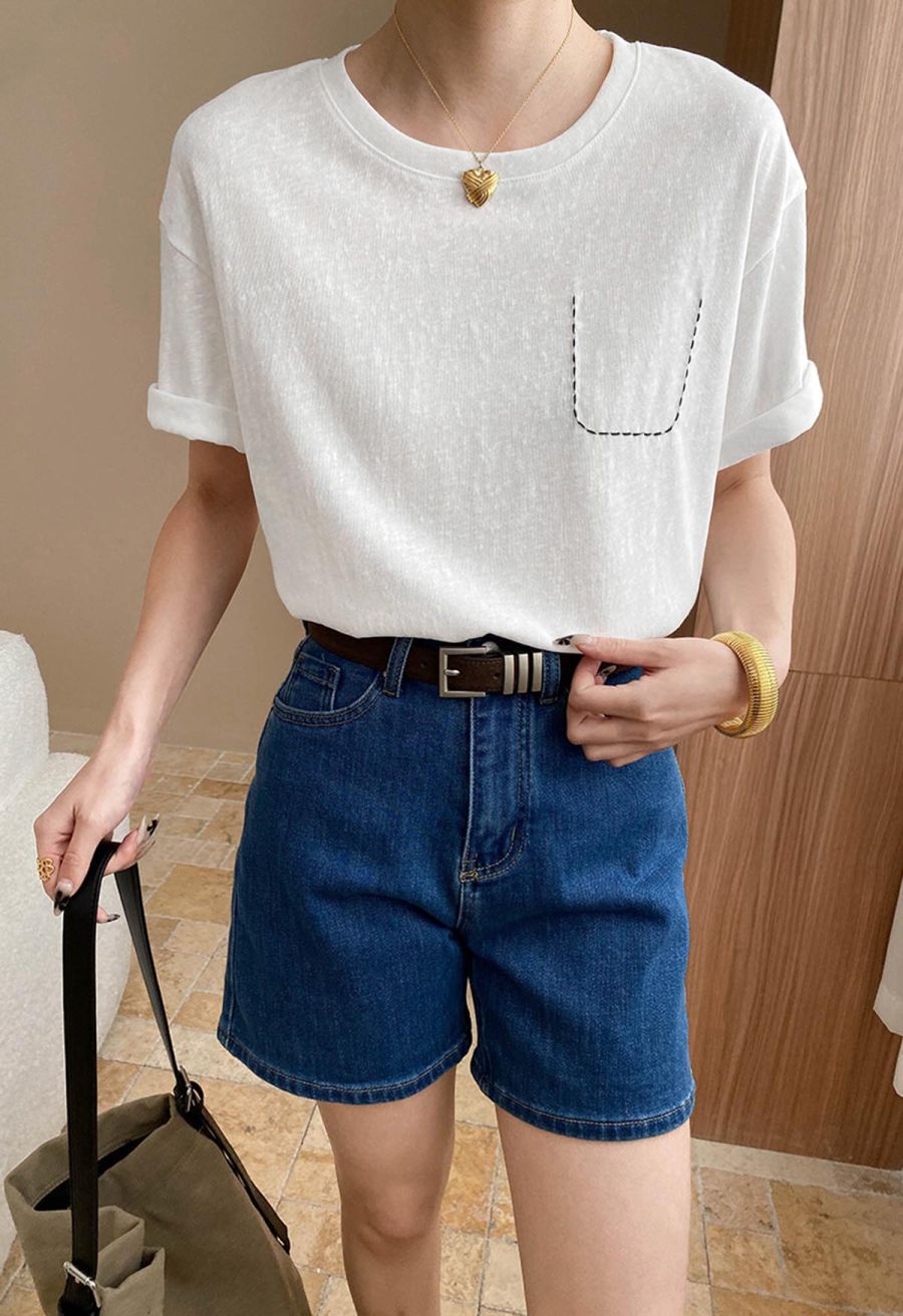 Fake Embroidered Pocket Crew Neck T-Shirt in Ivory