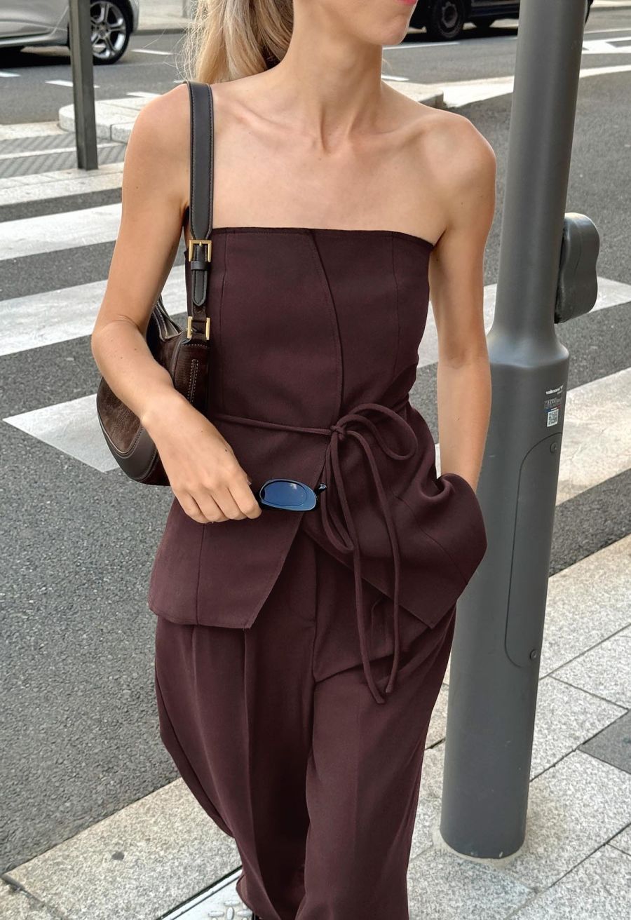 Strapless Seamed Front Asymmetric Top and Pants Set