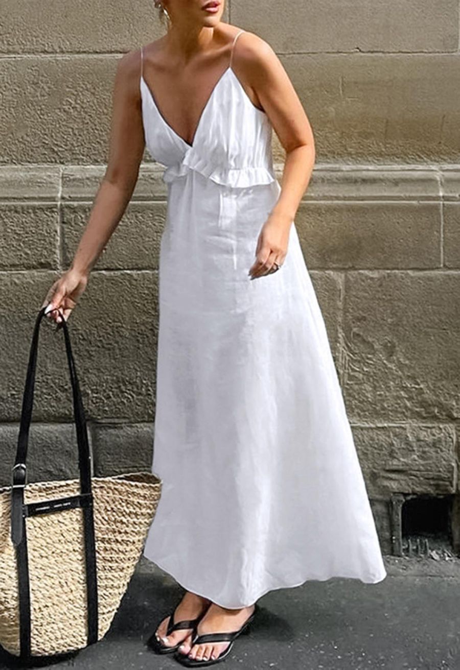 Deep V-Neck Ruffle Cotton Cami Maxi Dress
