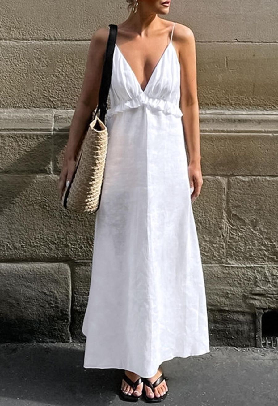 Deep V-Neck Ruffle Cotton Cami Maxi Dress
