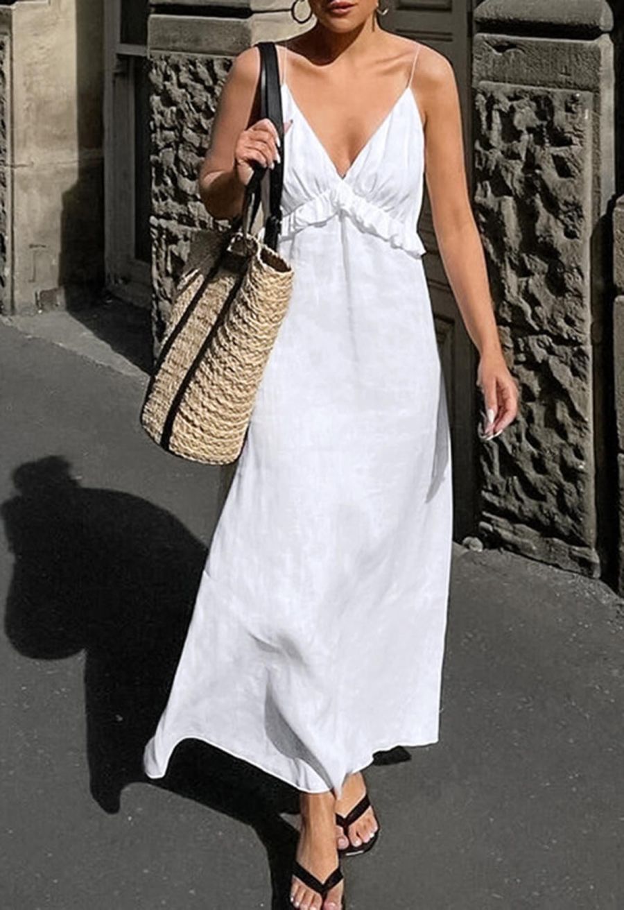 Deep V-Neck Ruffle Cotton Cami Maxi Dress