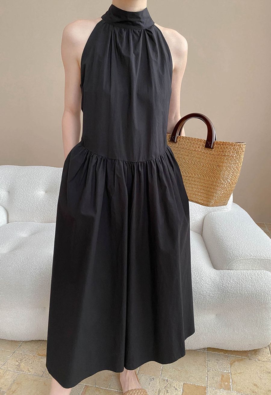 Bowknot Halter Neck Side Pocket Dress in Black