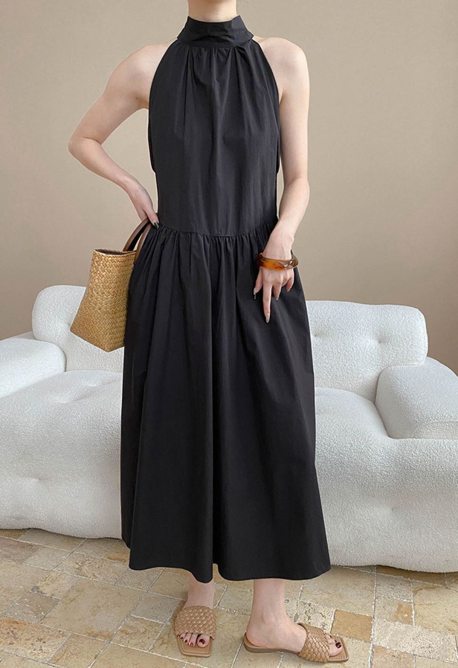 Bowknot Halter Neck Side Pocket Dress in Black