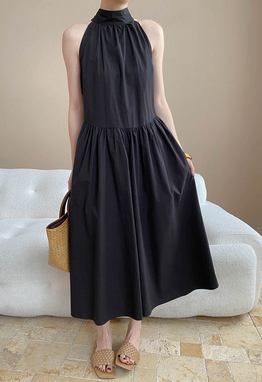 Bowknot Halter Neck Side Pocket Dress in Black