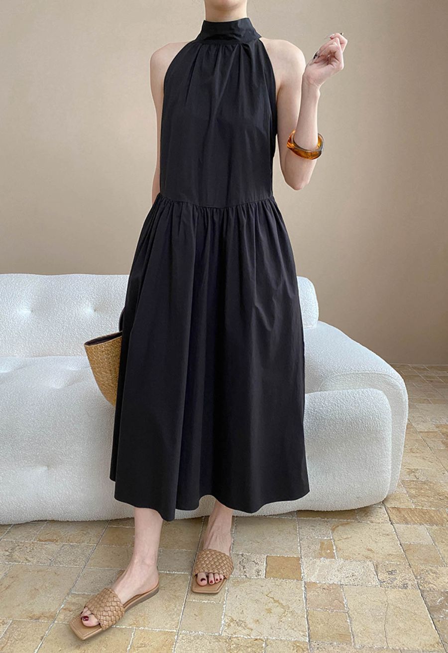 Bowknot Halter Neck Side Pocket Dress in Black