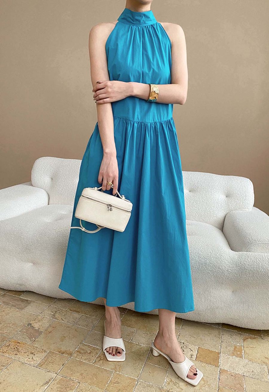 Bowknot Halter Neck Side Pocket Dress in Peacock