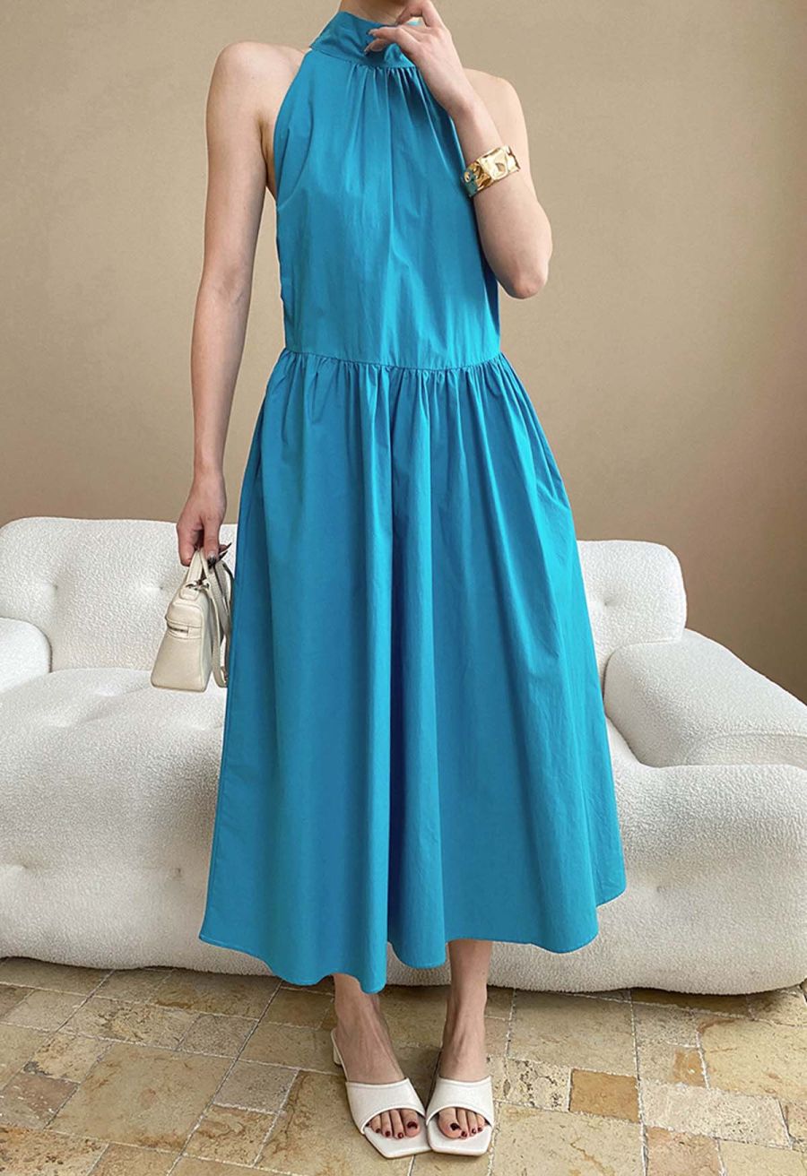 Bowknot Halter Neck Side Pocket Dress in Peacock