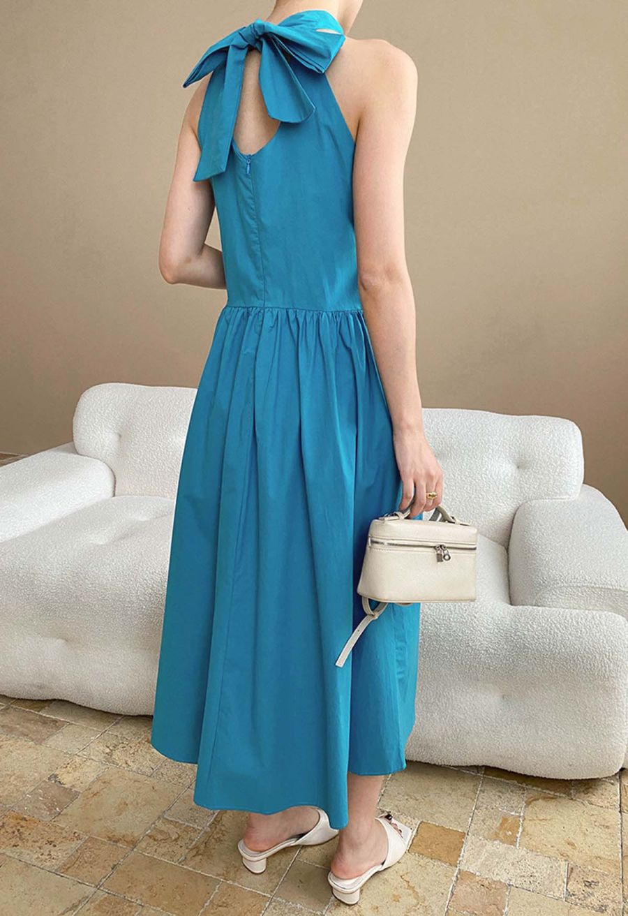 Bowknot Halter Neck Side Pocket Dress in Peacock