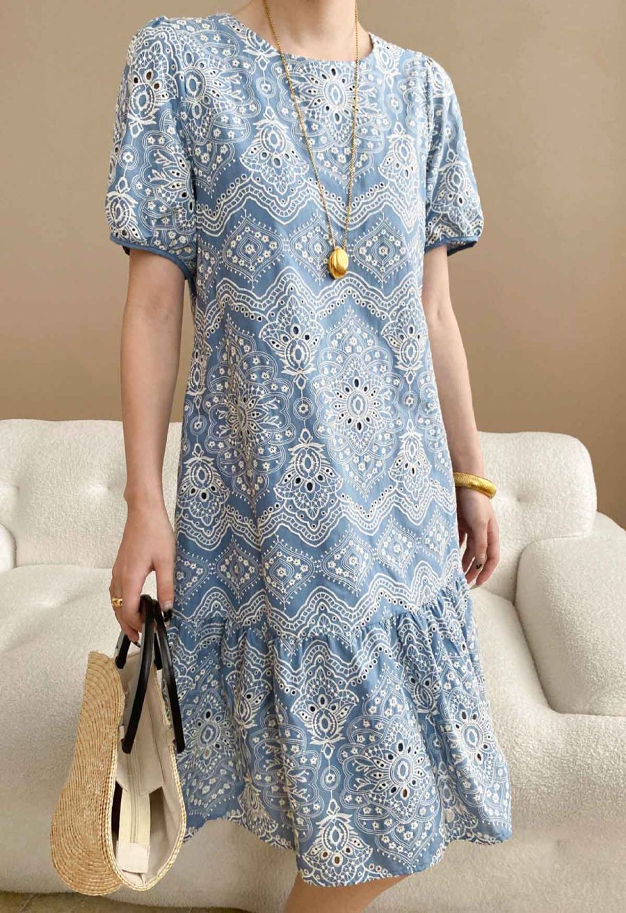 Blue Exotic Tile Embroidered Dolly Midi Dress