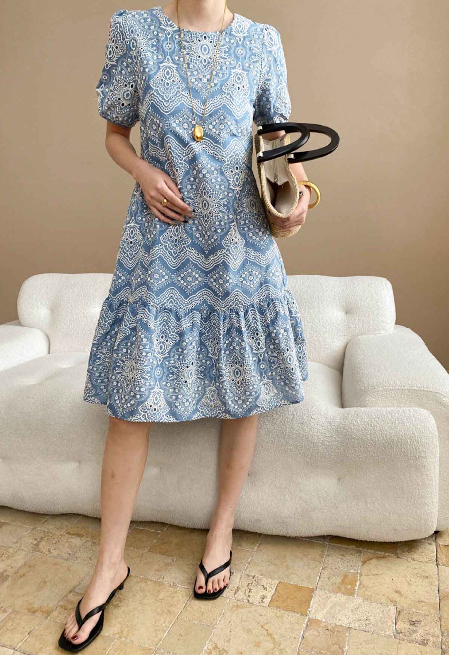 Blue Exotic Tile Embroidered Dolly Midi Dress