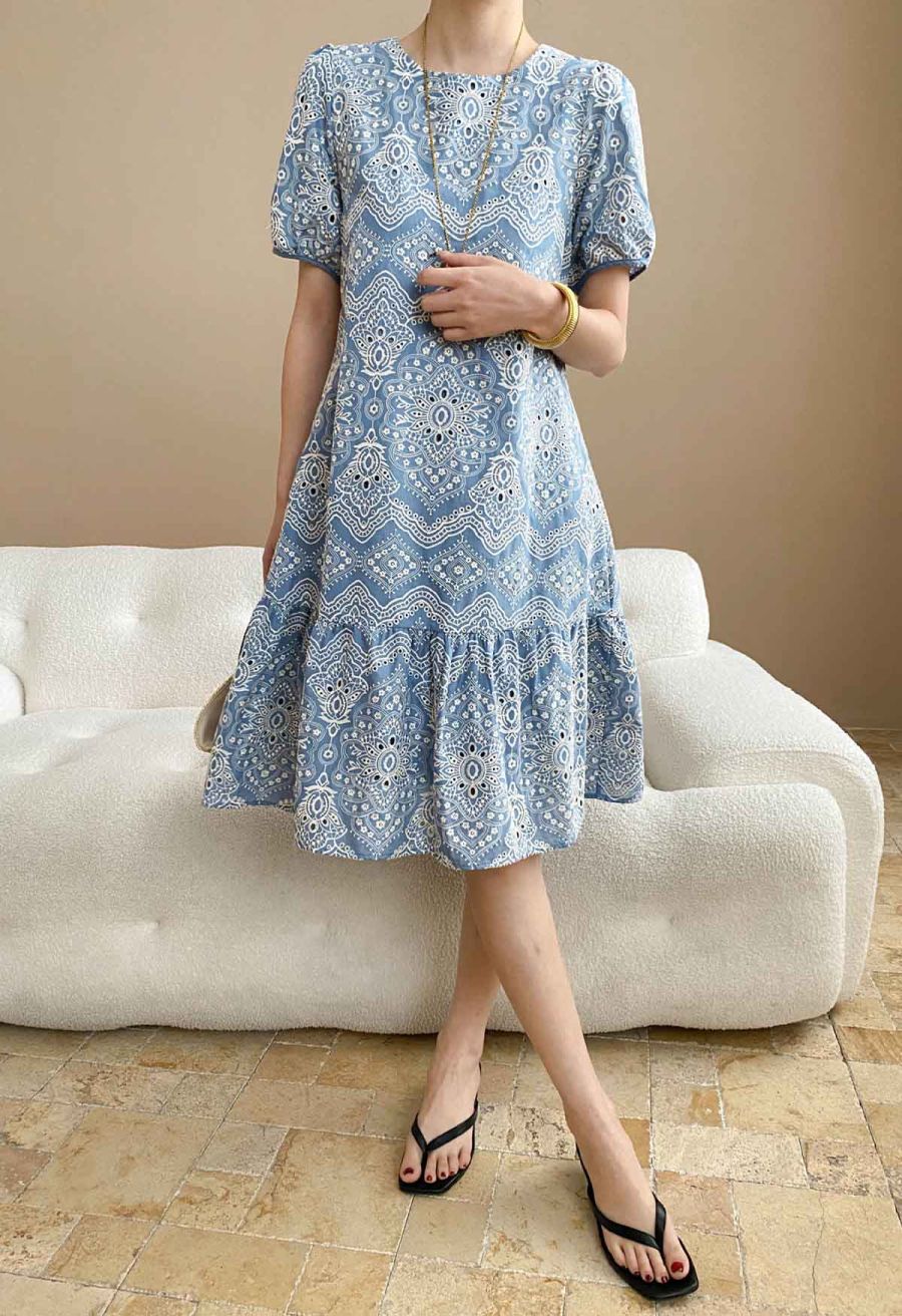 Blue Exotic Tile Embroidered Dolly Midi Dress