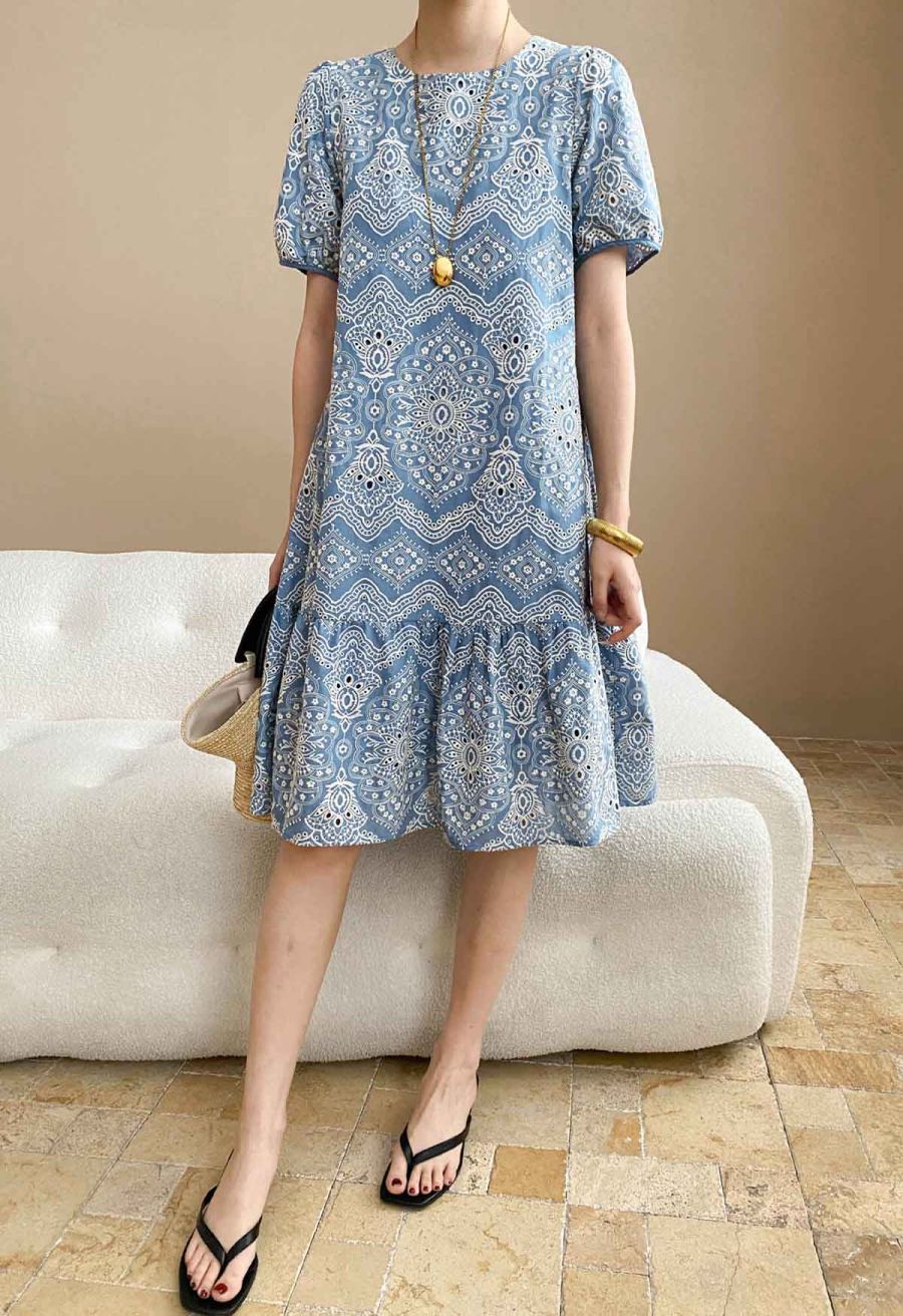 Blue Exotic Tile Embroidered Dolly Midi Dress