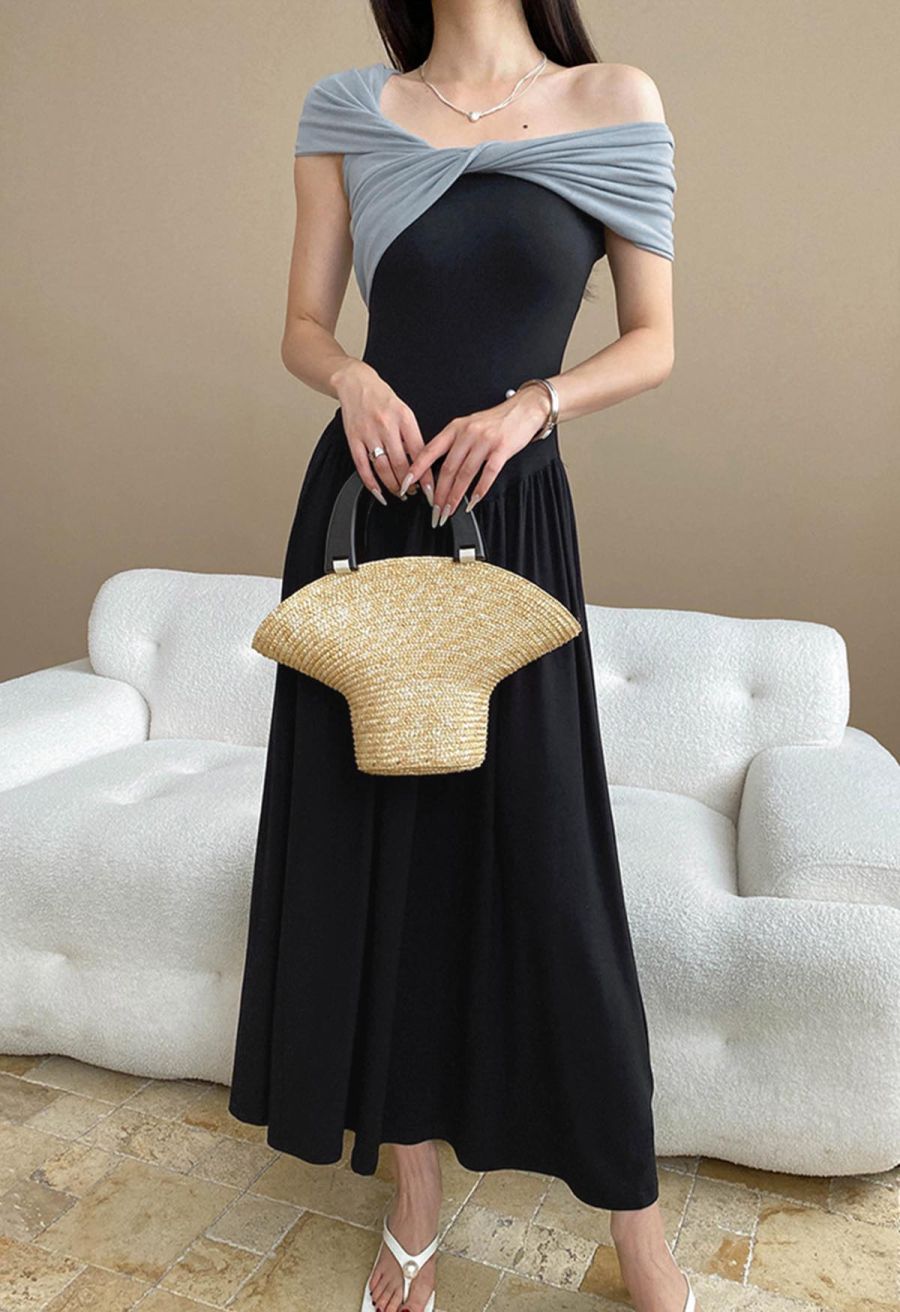 Contrast Color Twist Neckline Drop-Waist Dress