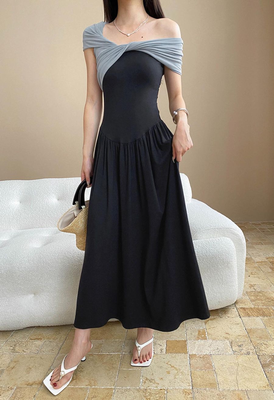 Contrast Color Twist Neckline Drop-Waist Dress
