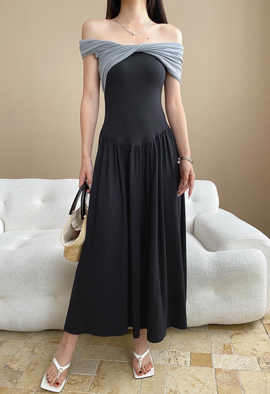 Contrast Color Twist Neckline Drop-Waist Dress