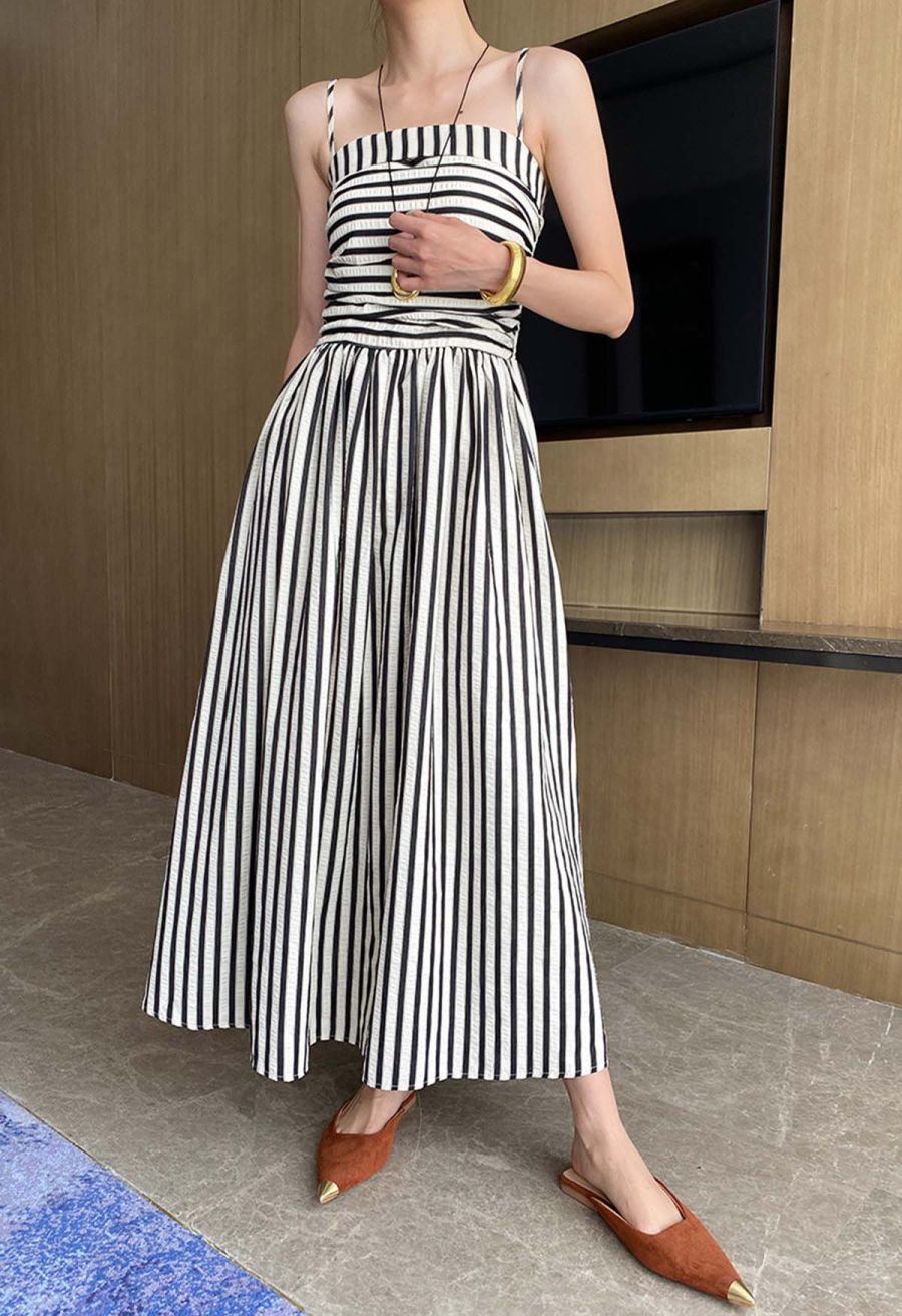 Modern Classic Stripe Textured Shirred Cami Dress