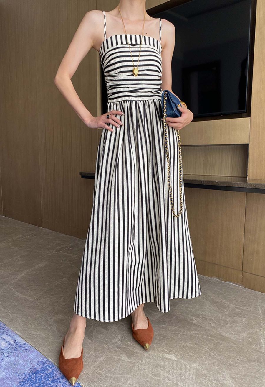 Modern Classic Stripe Textured Shirred Cami Dress