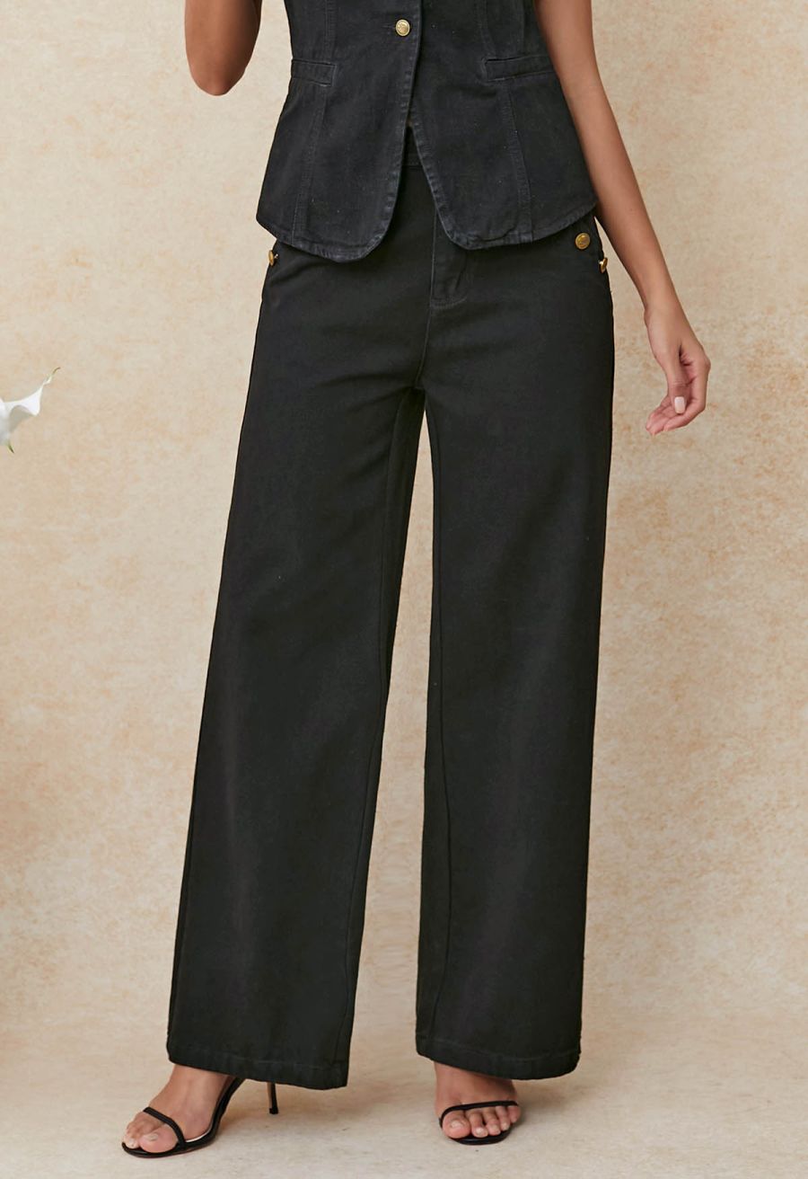 Classic Golden Button Embellished Jeans in Black