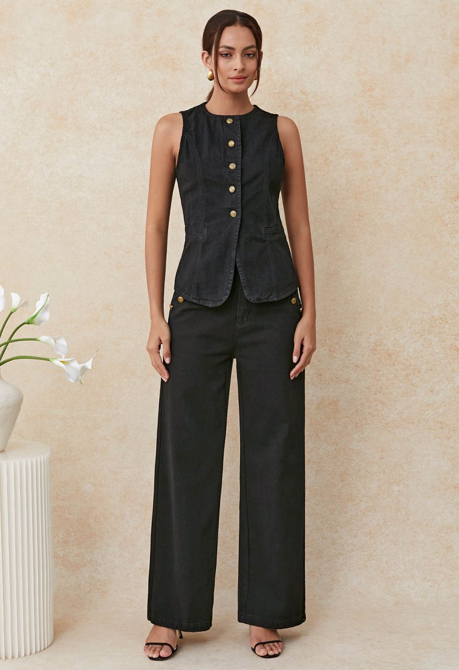 Classic Golden Button Embellished Jeans in Black