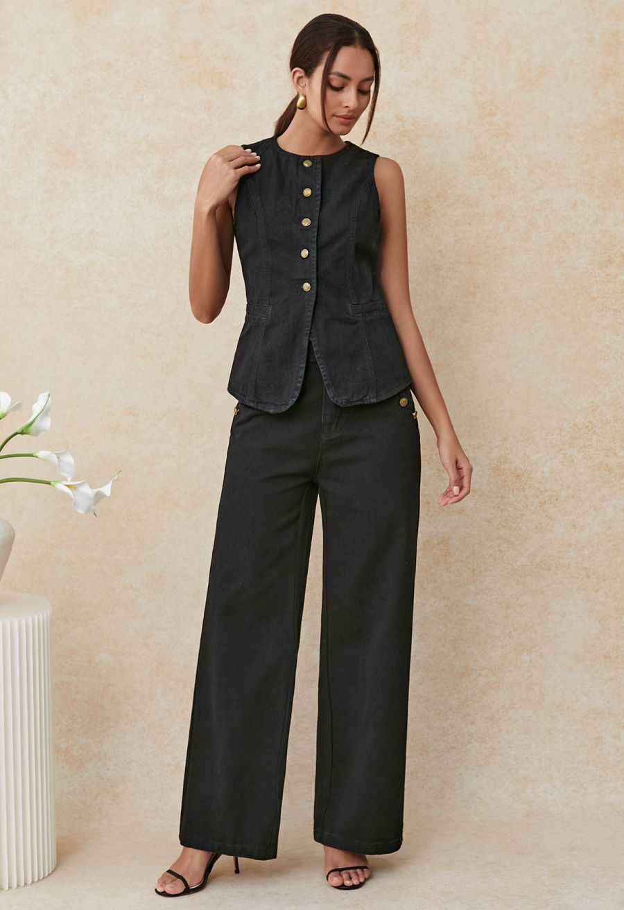 Fake Welt Pocket Button-Up Denim Vest in Black