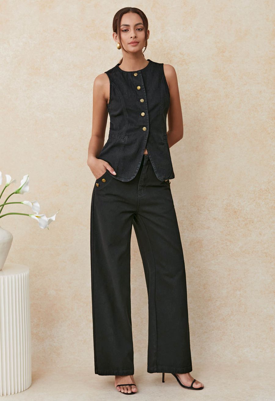 Fake Welt Pocket Button-Up Denim Vest in Black