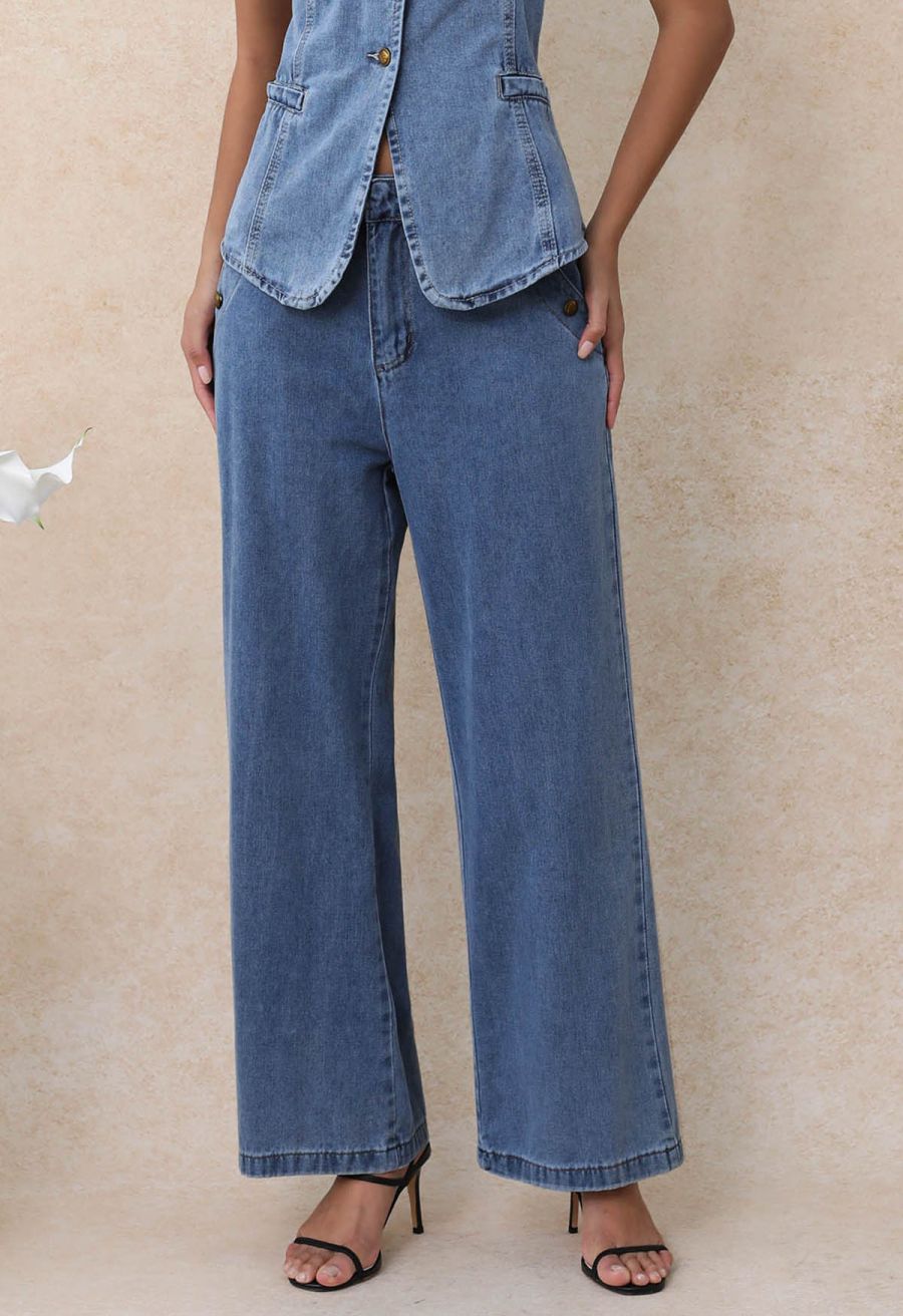 Classic Golden Button Embellished Jeans in Blue
