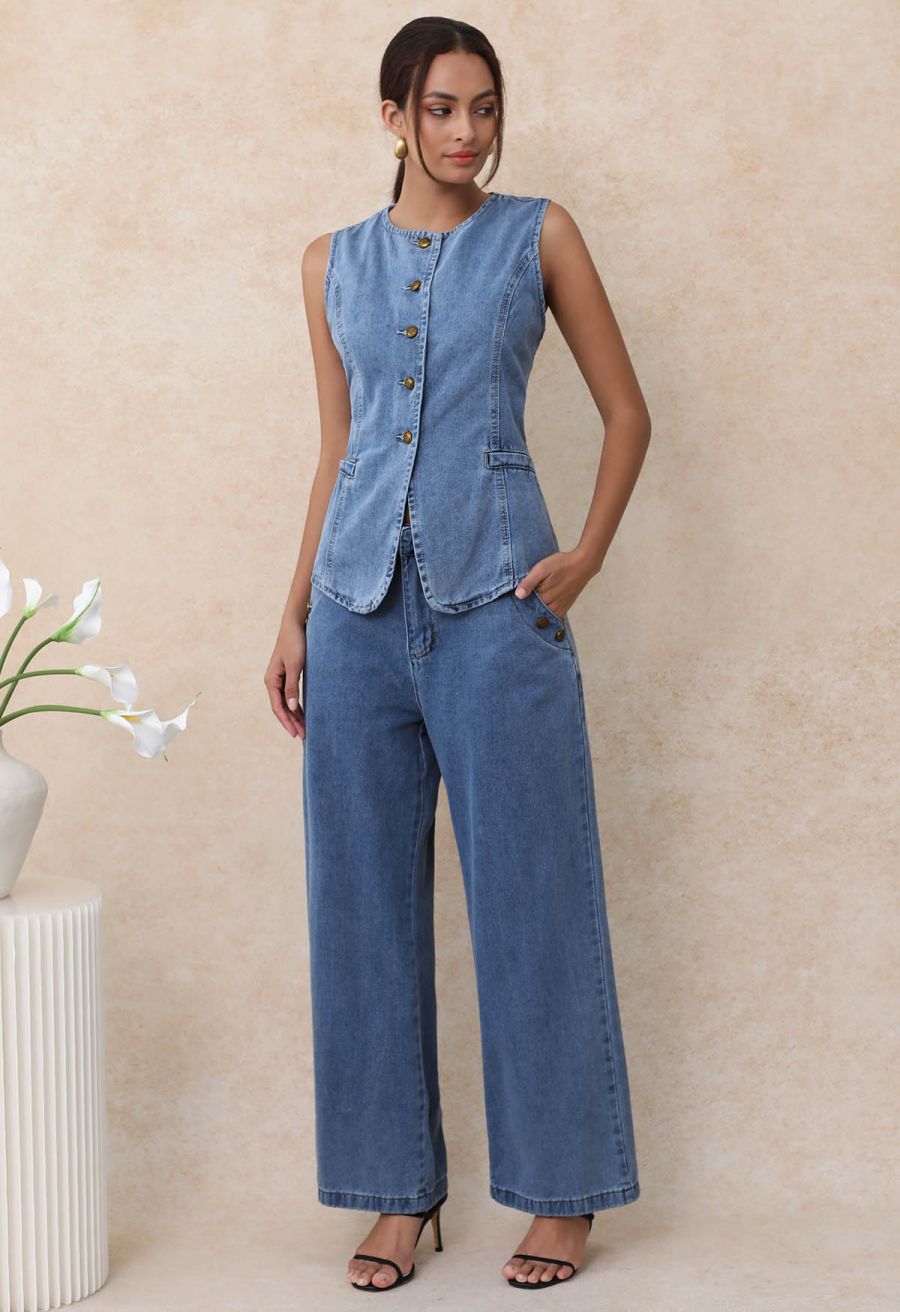 Fake Welt Pocket Button-Up Denim Vest in Blue