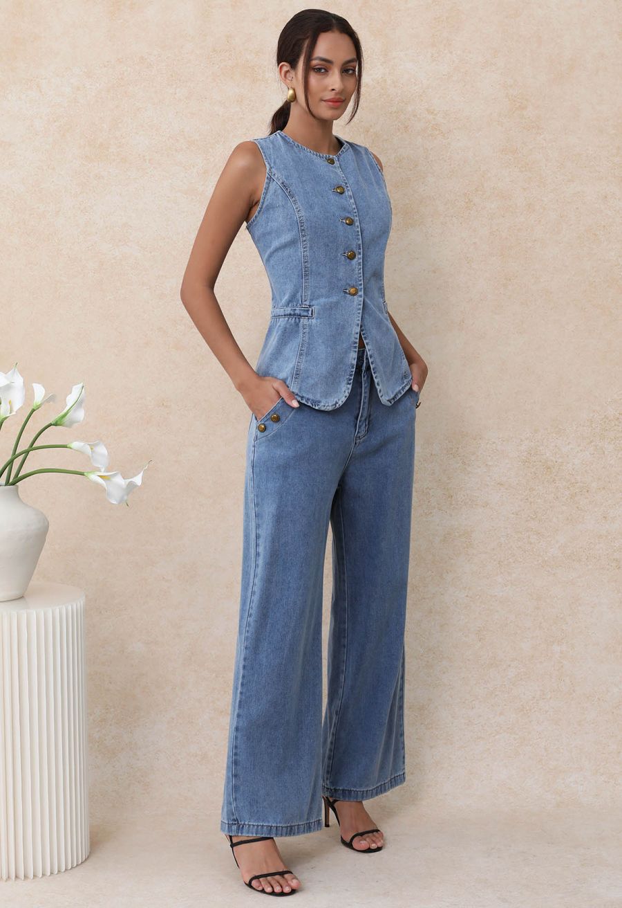 Fake Welt Pocket Button-Up Denim Vest in Blue