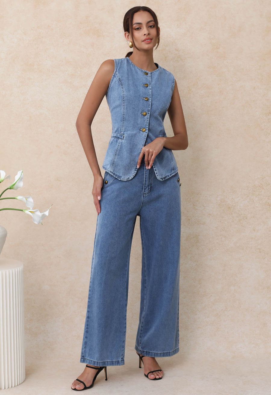 Fake Welt Pocket Button-Up Denim Vest in Blue