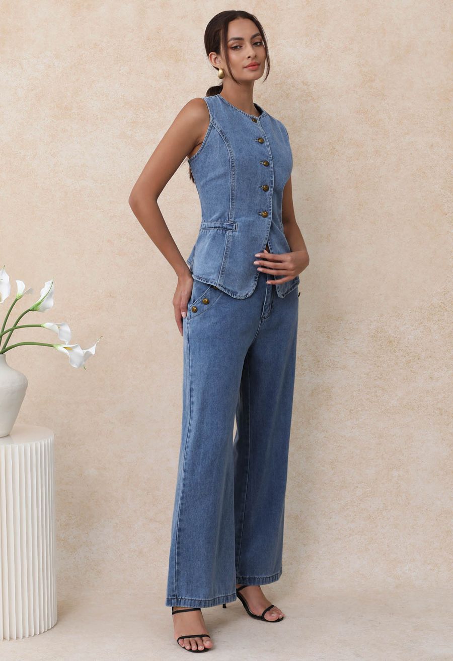 Fake Welt Pocket Button-Up Denim Vest in Blue