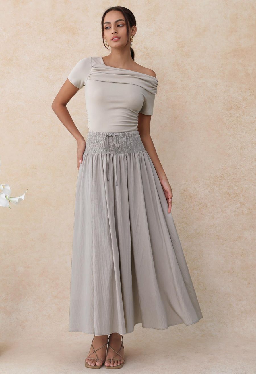 Self-Tie Shirred Waist Crinkle Skirt in Taupe