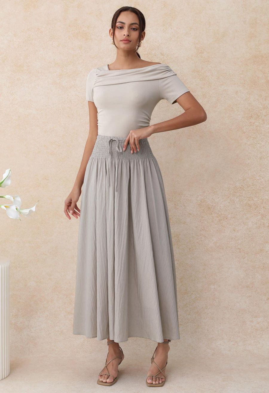 Self-Tie Shirred Waist Crinkle Skirt in Taupe